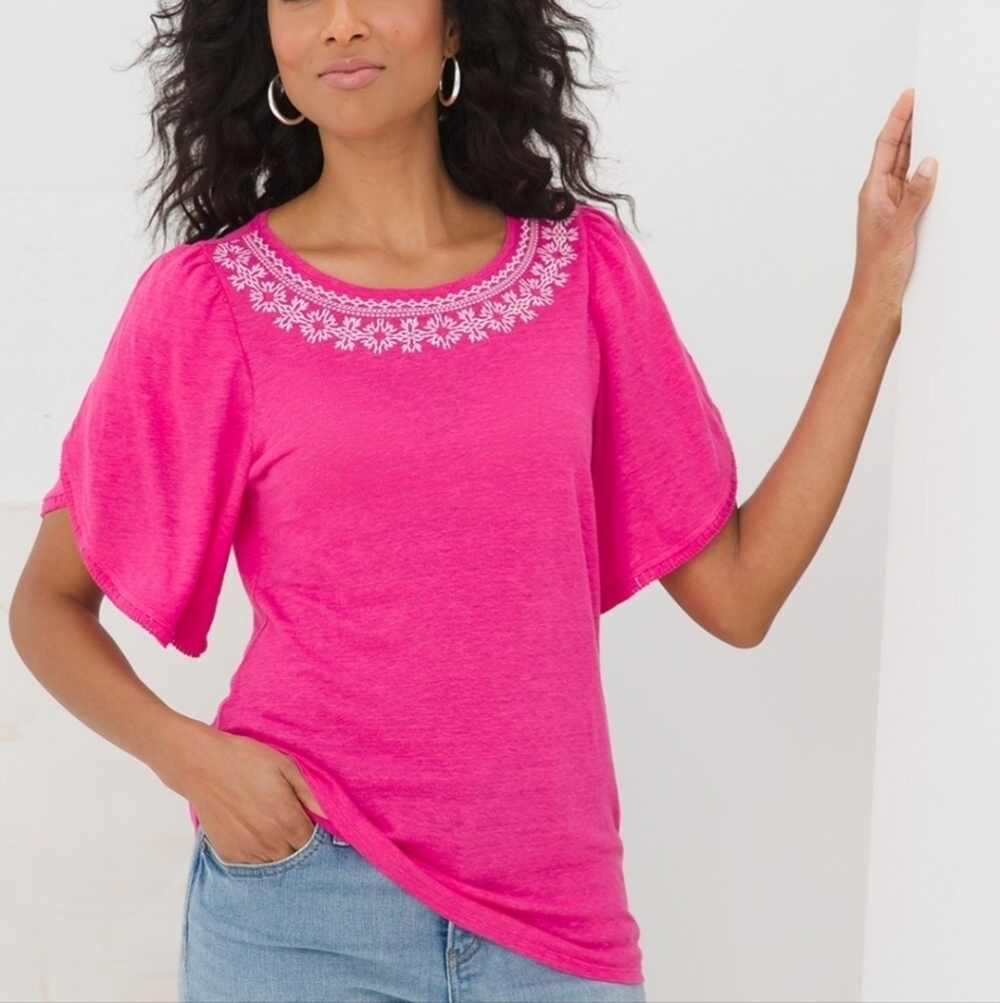 Chico's Pink Blouse with Flutter Sleeves and Embellished Neckline